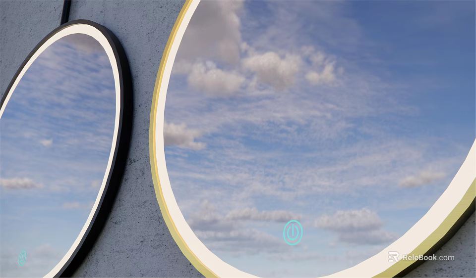 Two Decorative Wall Mirrors With Black And Yellow Frames Reflecting Blue Sky And White Clouds 3d model 