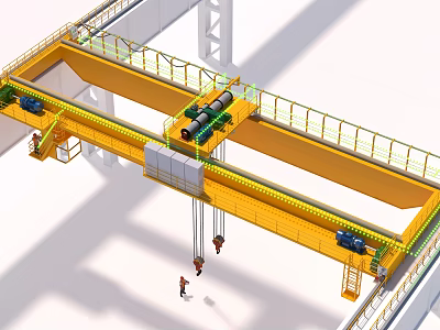 Industrial Factory Workshop With Yellow Overhead Bridge Crane And Steel Structure 3d model