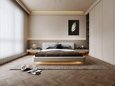 Modern Bedroom Interior Design With Herringbone Wooden Floor Bedside Tables Rug And Wall Art 3d model
