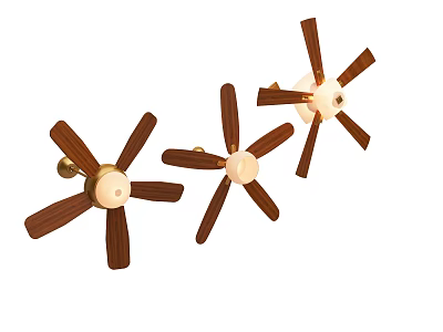 Three Wall Mounted Fans With Wooden Blades Gold Base And White Center Lights 3d model