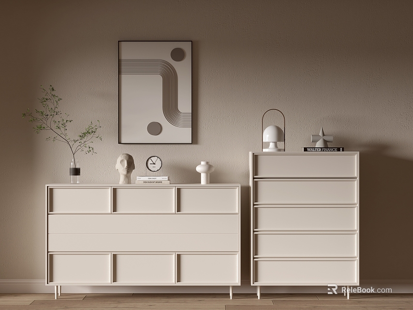 Modern White Console Side Cabinet with Drawer Storage and Decorative Painting Plant 3d model 