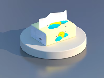 Yellow Tissue Box With Cloud Sun Patterns And Tissue Pulled On White Circular Base 3d model