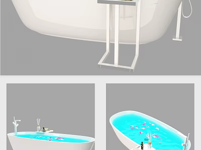 Oval White Acrylic Bathtub With Metal Stand And Side Table For Relaxing Bath 3d model
