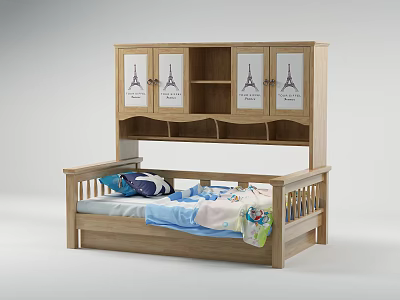 Wooden Children's Bed With Upper Storage Shelves And Eiffel Tower Prints 3d model