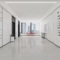 Modern Elevator Lobby With White Walls Sleek Floor Large Windows High Rise Views Red Bench