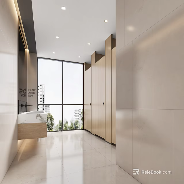 Modern Bright Clean Public Restroom with Large Windows Wooden Partitions and White Washbasin 3d model 