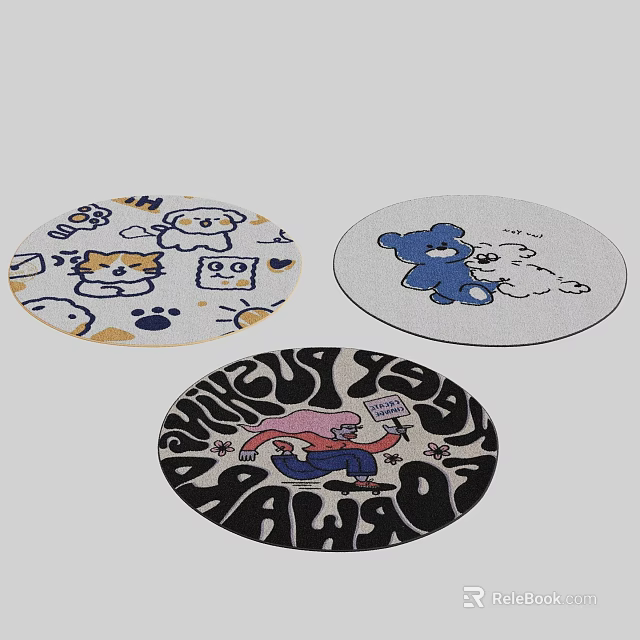 Cute Round Carpets with Cartoon Cat Bear Blue Bear and Character Text Designs 3d model 