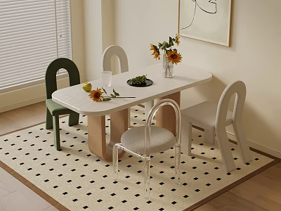 Modern Dining Table Set With Green White Transparent Chairs Sunflower Bouquet Fruit Plate Checkerboard Rug 3d model