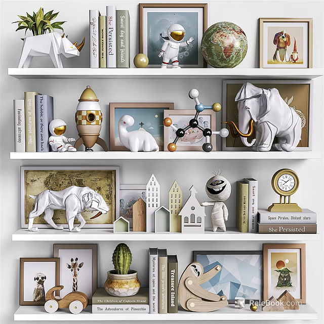 Decorative Ornament Collection with Animal Figurines Mini House Models Photo Frames Clock Cactus on Shelves 3d model 