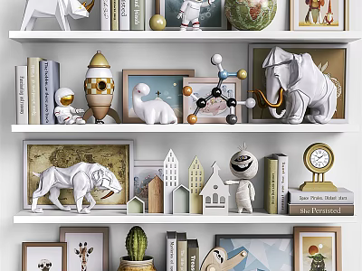 Decorative Ornament Collection with Animal Figurines Mini House Models Photo Frames Clock Cactus on Shelves 3d model