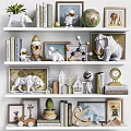 Decorative Ornament Collection with Animal Figurines Mini House Models Photo Frames Clock Cactus on Shelves