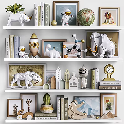 Decorative Ornament Collection with Animal Figurines Mini House Models Photo Frames Clock Cactus on Shelves 3d model