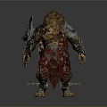 Man As Lion Head Warrior In Metallic Armor Holding Large Axe And Chains