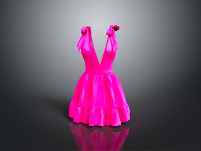 Pink V Neck Dress With Bow Straps And Ruffled Skirt Design 3d model