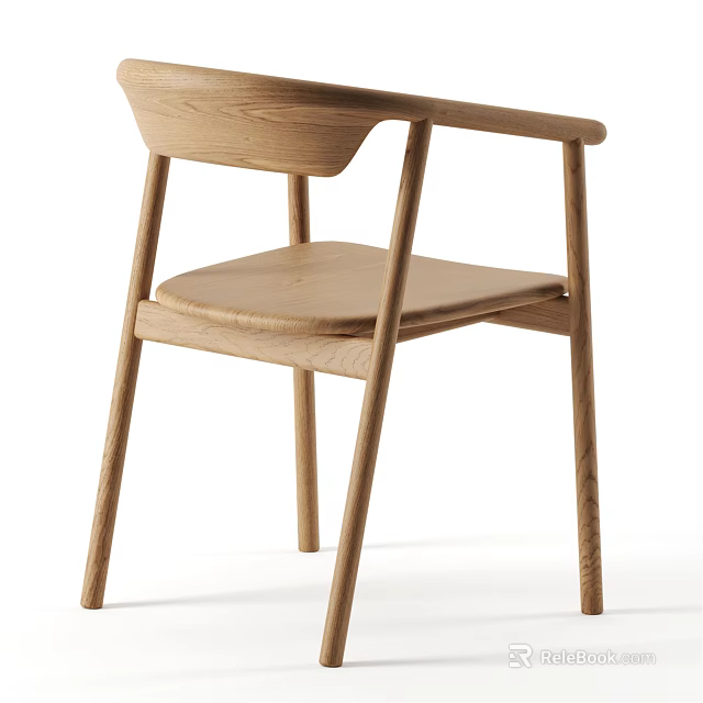 Modern Minimalist Oak Wood Dining Chair With Curved Backrest Armrests And Wooden Seat 3d model 