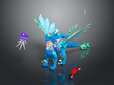 Blue Dragon Like Game Movie Character With Green Wings Purple Jellyfish And Red Small Object 3d model