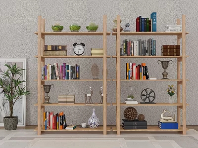 Wooden Bookshelf with Books Clock Trophy Plant Vase and Wheel Decor 3d model