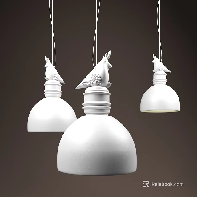 Three White Pendant Lights With Bird Shaped Decorations On Top 3d model