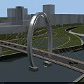 Modern Arch Bridge With Vehicles Over River In City Green Landscape