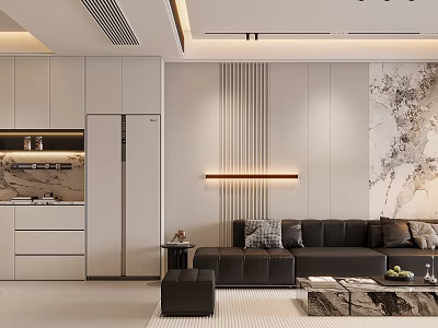 Modern Living Dining Room With Open Layout Black Sofa Marble Coffee Table And White Cabinets 3d model
