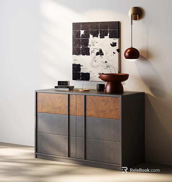 Dark Wood Dresser with Copper Panels Brown Bowl Small Radio and Abstract Painting 3d model 