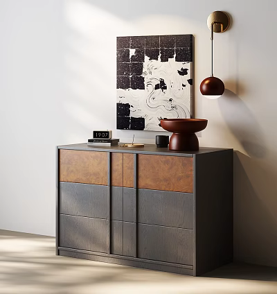 Dark Wood Dresser with Copper Panels Brown Bowl Small Radio and Abstract Painting 3d model