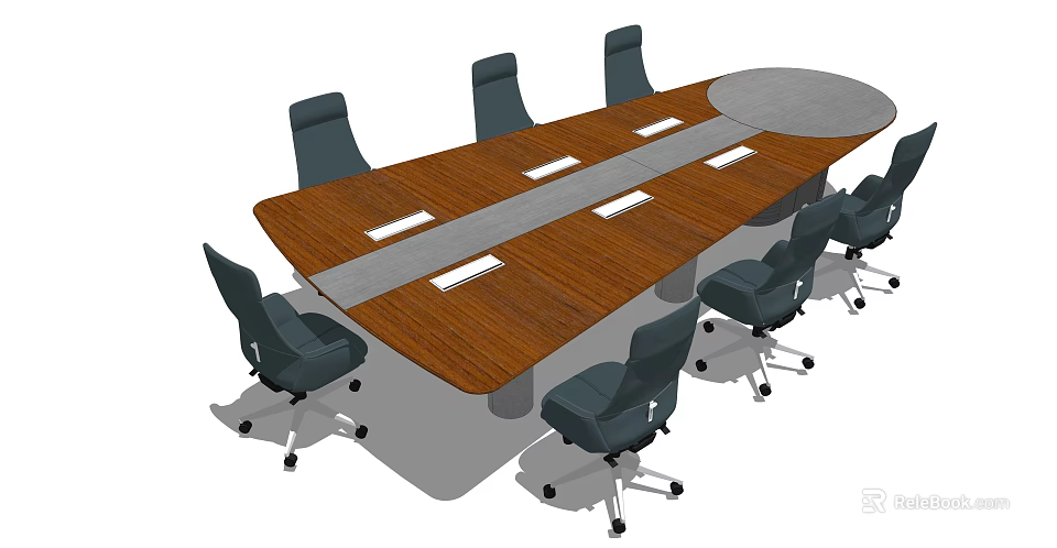 Long Modern Conference Table With Wooden Surface And Black Wheeled Office Chairs 3d model 