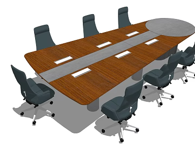 Long Modern Conference Table With Wooden Surface And Black Wheeled Office Chairs 3d model