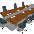 Long Modern Conference Table With Wooden Surface And Black Wheeled Office Chairs