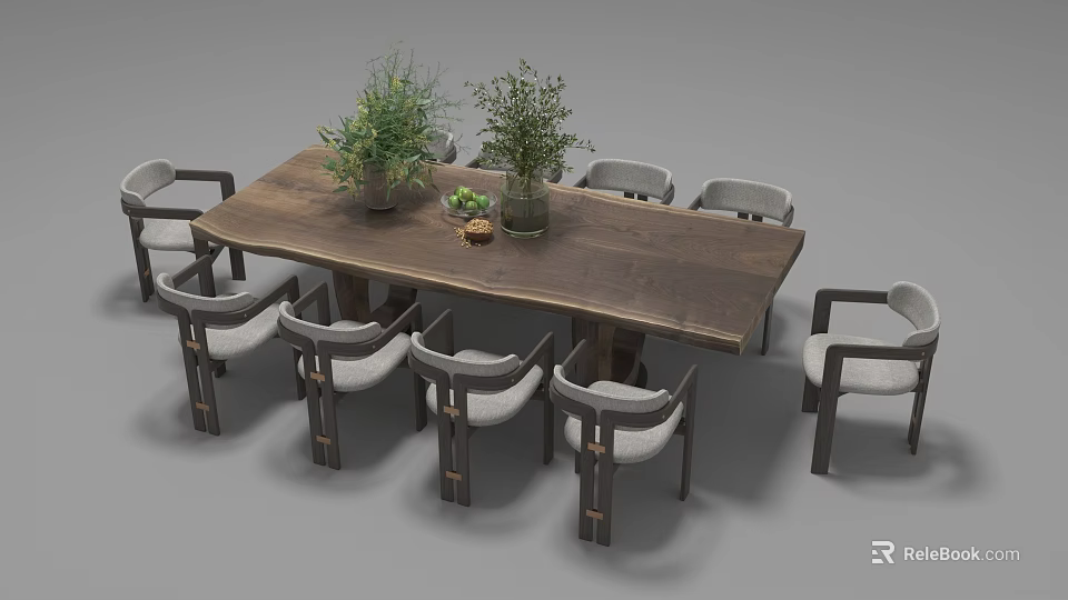 Modern Minimalist Wooden Table and Chair Set With Potted Plants and Decorative Items 3d model 