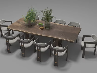 Modern Minimalist Wooden Table and Chair Set With Potted Plants and Decorative Items 3d model