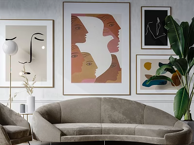 Elegant Gray Velvet Sofa Set With Modern Art Paintings Green Plant And Floor Lamp 3d model