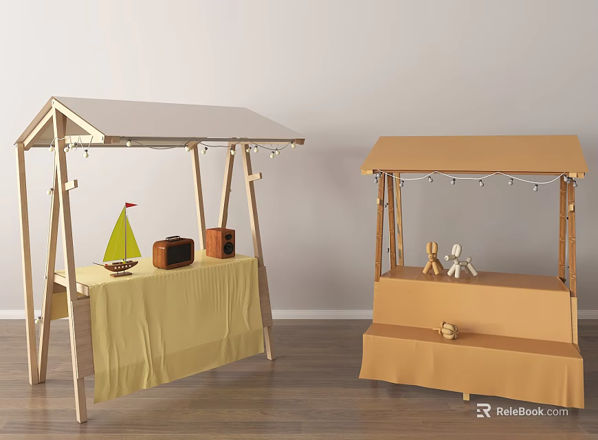 Commercial Outdoor Wooden Stalls With Canopy String Lights And Small Decorations 3d model 