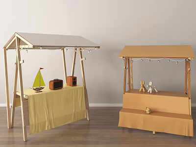 Commercial Outdoor Wooden Stalls With Canopy String Lights And Small Decorations 3d model