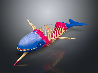 Detailed Whale Skeleton Model with Blue Head Tail Red Decoration and Golden Bones 3d model