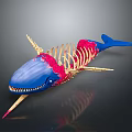 Detailed Whale Skeleton Model with Blue Head Tail Red Decoration and Golden Bones