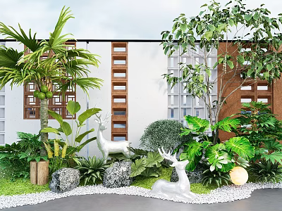 Lush Green Plants And Palm Trees In Garden With Lawn Pebbles Deer Statues Wooden Decorations 3d model
