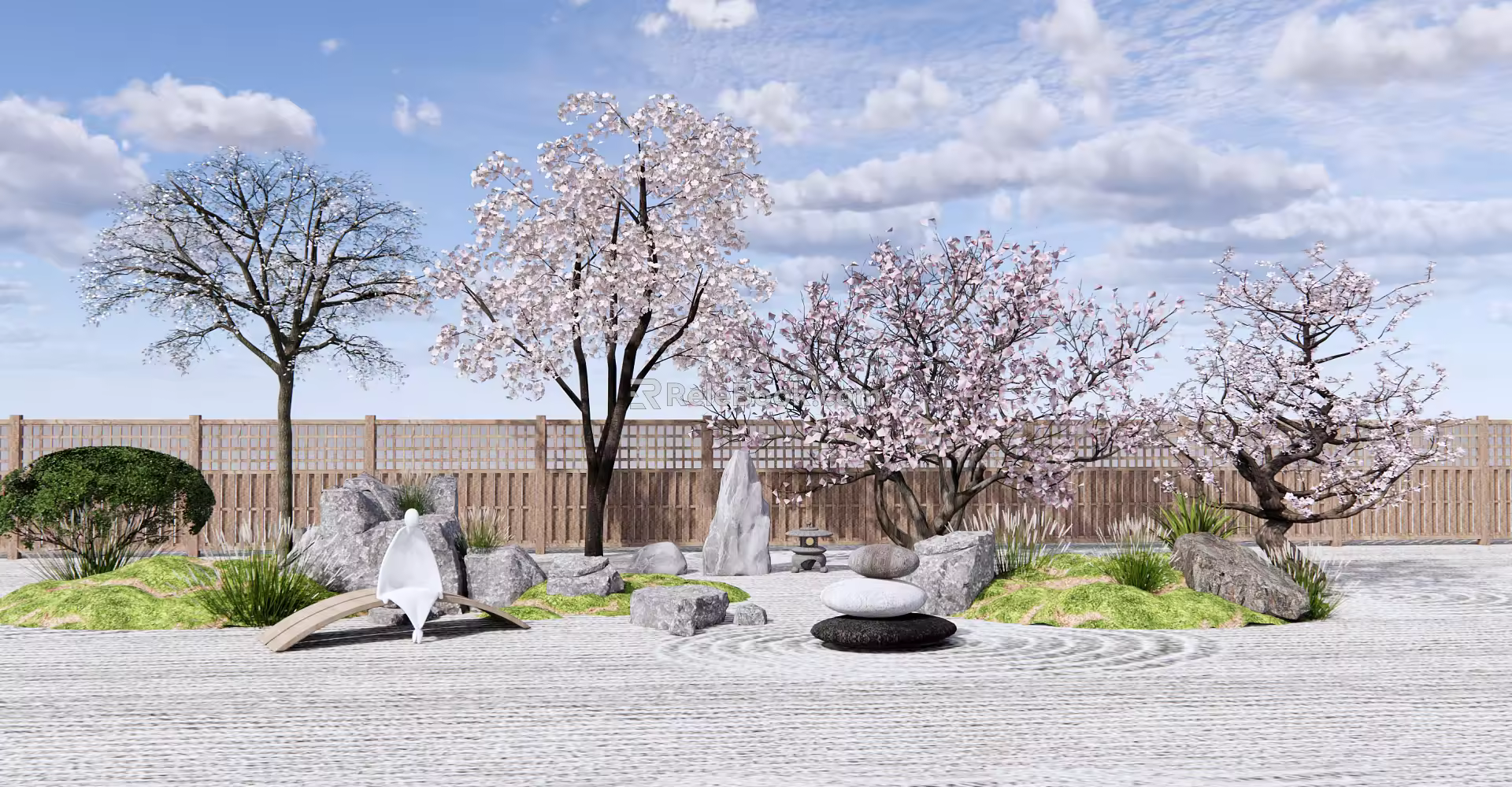 Japanese style landscape sketch landscape cherry tree 3d model