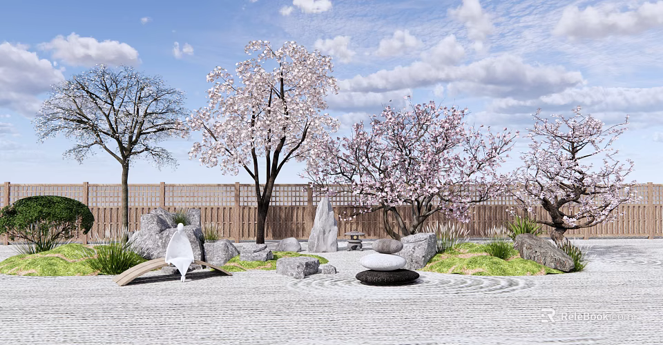 Garden Ornamental Design with Pink Cherry Blossom Trees Green Grass Decorative Stones and Wooden Fence 3d model 