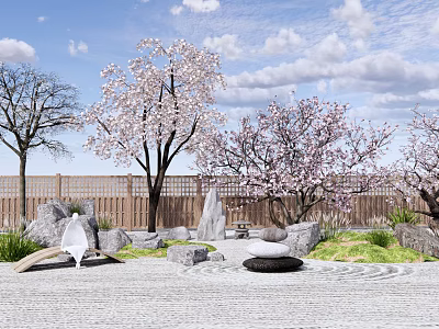 Garden Ornamental Design with Pink Cherry Blossom Trees Green Grass Decorative Stones and Wooden Fence 3d model