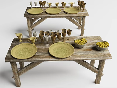 Wooden Dining Tables Set With Plates Cups And Bowls Of Fresh Fruits 3d model