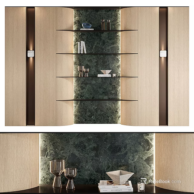 Elegant Modern Decorative Ornament Set On Glass Shelf With Marble Backdrop And Warm Lighting 3d model 