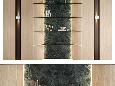 Elegant Modern Decorative Ornament Set On Glass Shelf With Marble Backdrop And Warm Lighting 3d model