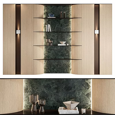 Elegant Modern Decorative Ornament Set On Glass Shelf With Marble Backdrop And Warm Lighting 3d model