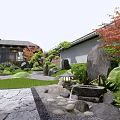 Traditional Japanese Courtyard Garden With Rock Formations Pruned Shrubs And Gravel Paths