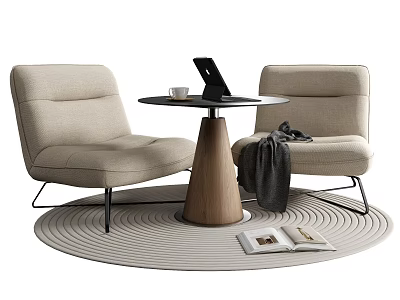 Beige Chair And Round Table Set With Wooden Base Tablet Cup Gray Blanket On Rug 3d model
