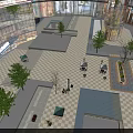 Modern Shopping Mall Atrium With Checkerboard Floor And Green Trees