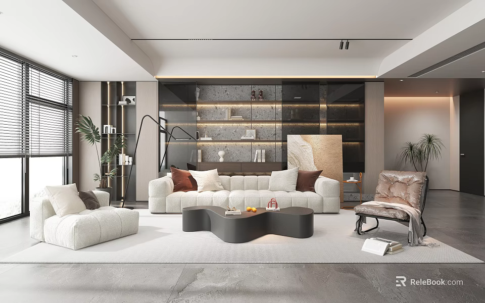 Modern Living Room Design With White Sofa Unique Coffee Table And Plants 3d model 