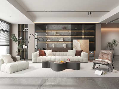 Modern Living Room Design With White Sofa Unique Coffee Table And Plants 3d model
