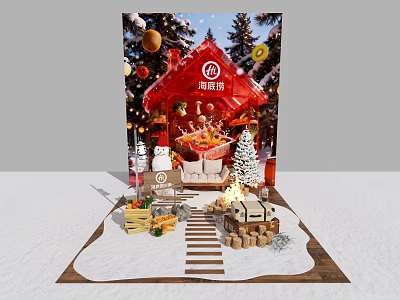 Zhou Hei Ya Festive Christmas Photo Spot With Red Cabin Snow Decorations 3d model